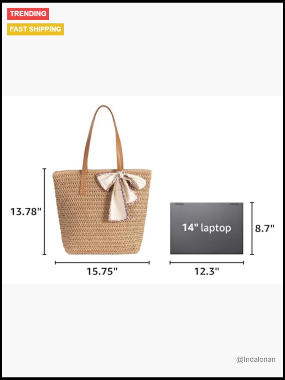 Large Handwoven Straw Tote Beach Bag with Zipper Pocket - Picture 3 of 7